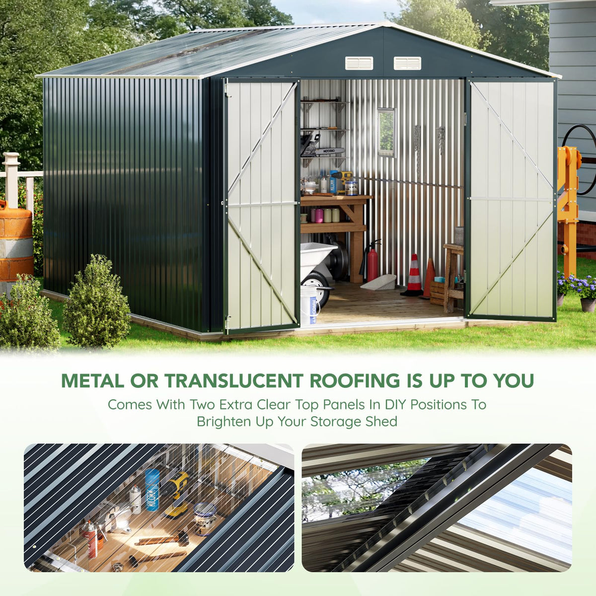 10x12X7.5FT Outdoor Steel Storage Shed with Lockable Doors and Frame Floor J62711