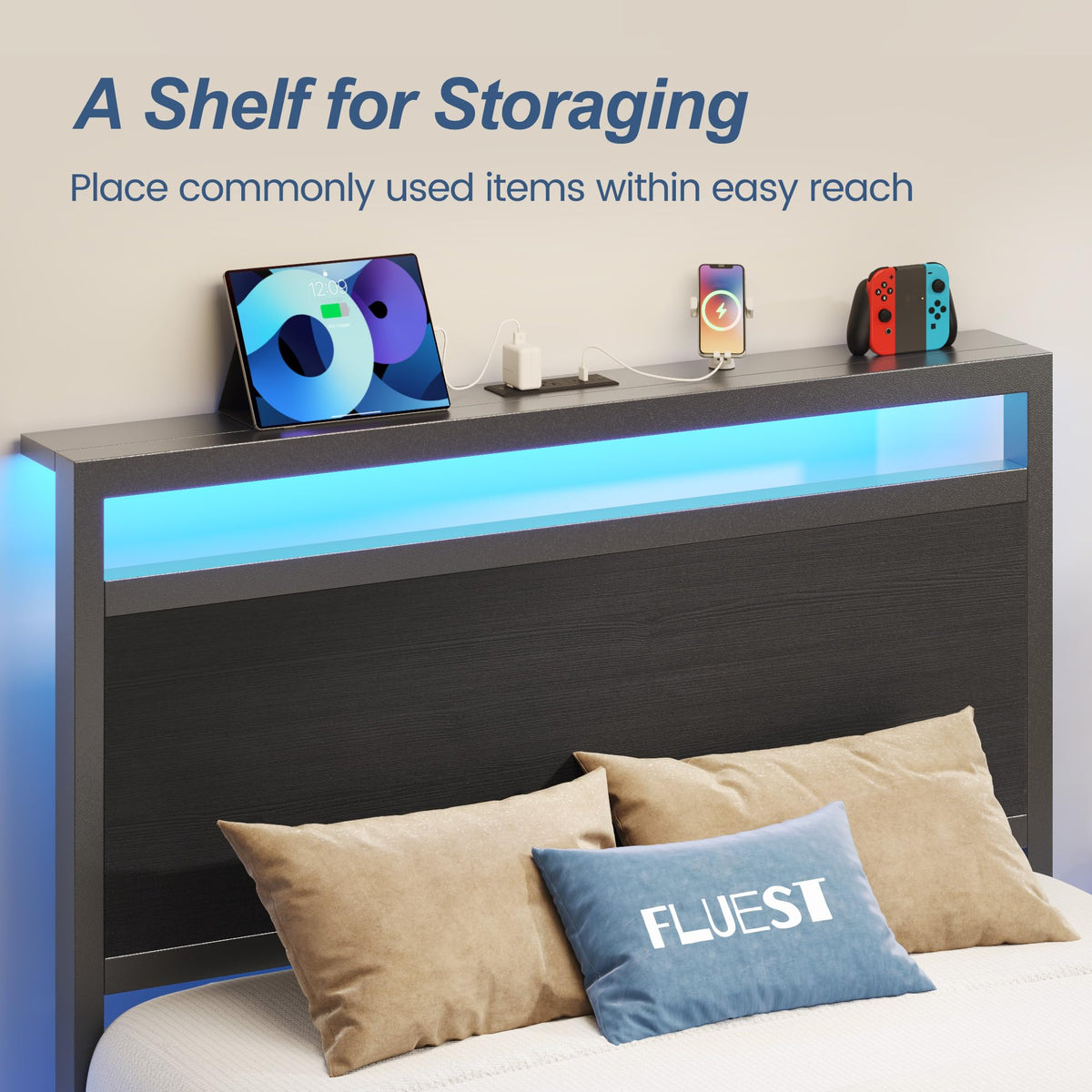 Twin Bed Frame with Storage Headboard & Drawer, Charging Station & LED Light, Black F269458