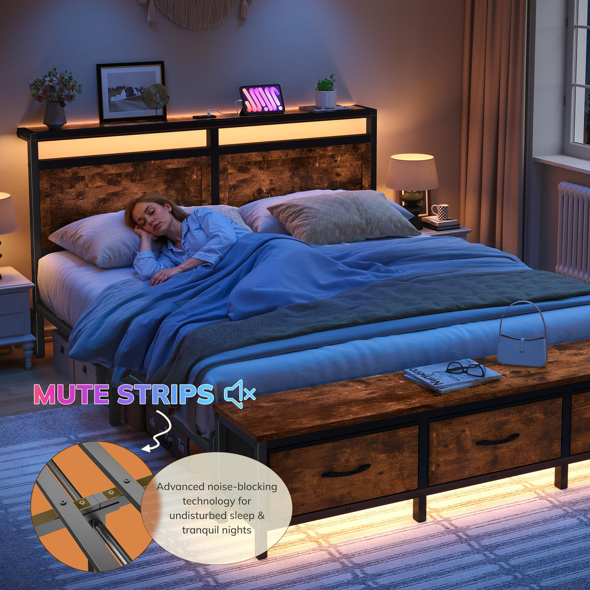 Queen Bed Frame with Ottoman & Charging Station O108797
