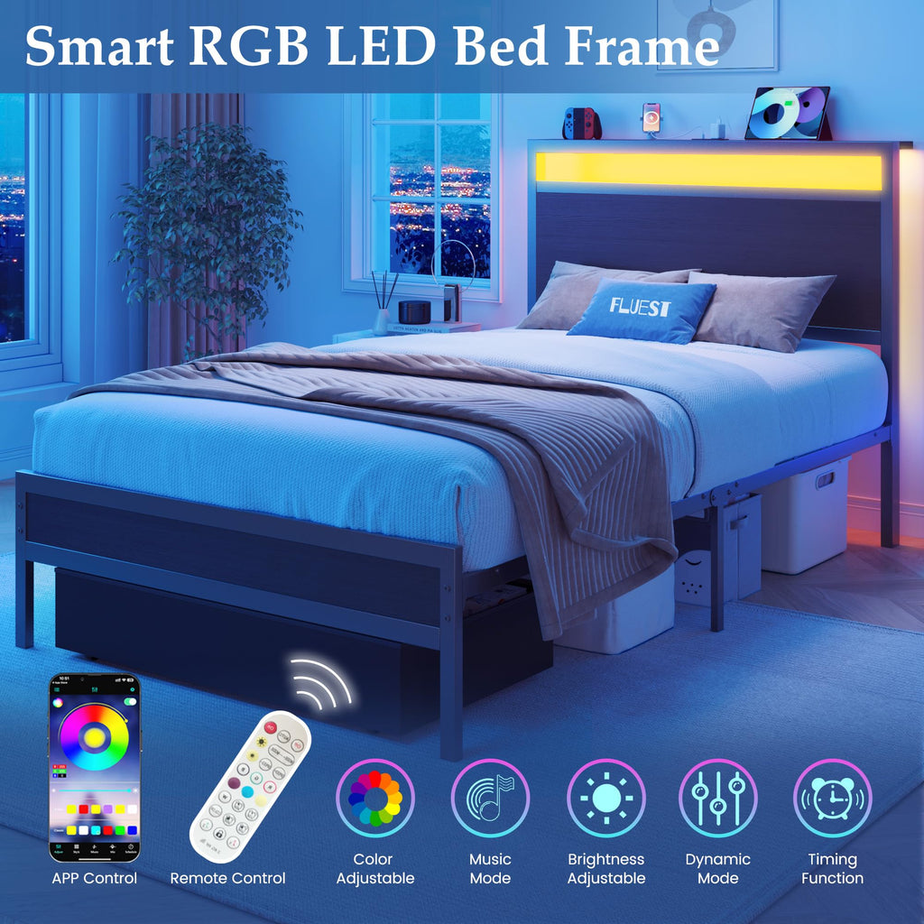 Twin Bed Frame with Storage Headboard & Drawer, Charging Station & LED Light, Black F269458