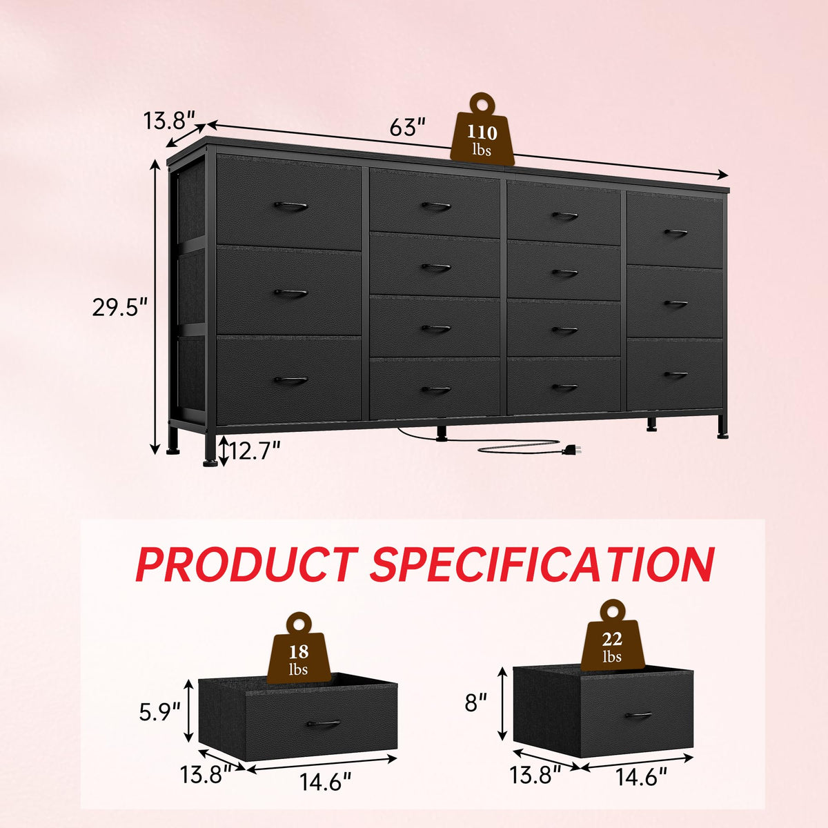 Black 14 Drawer Fabric TV Stand V547