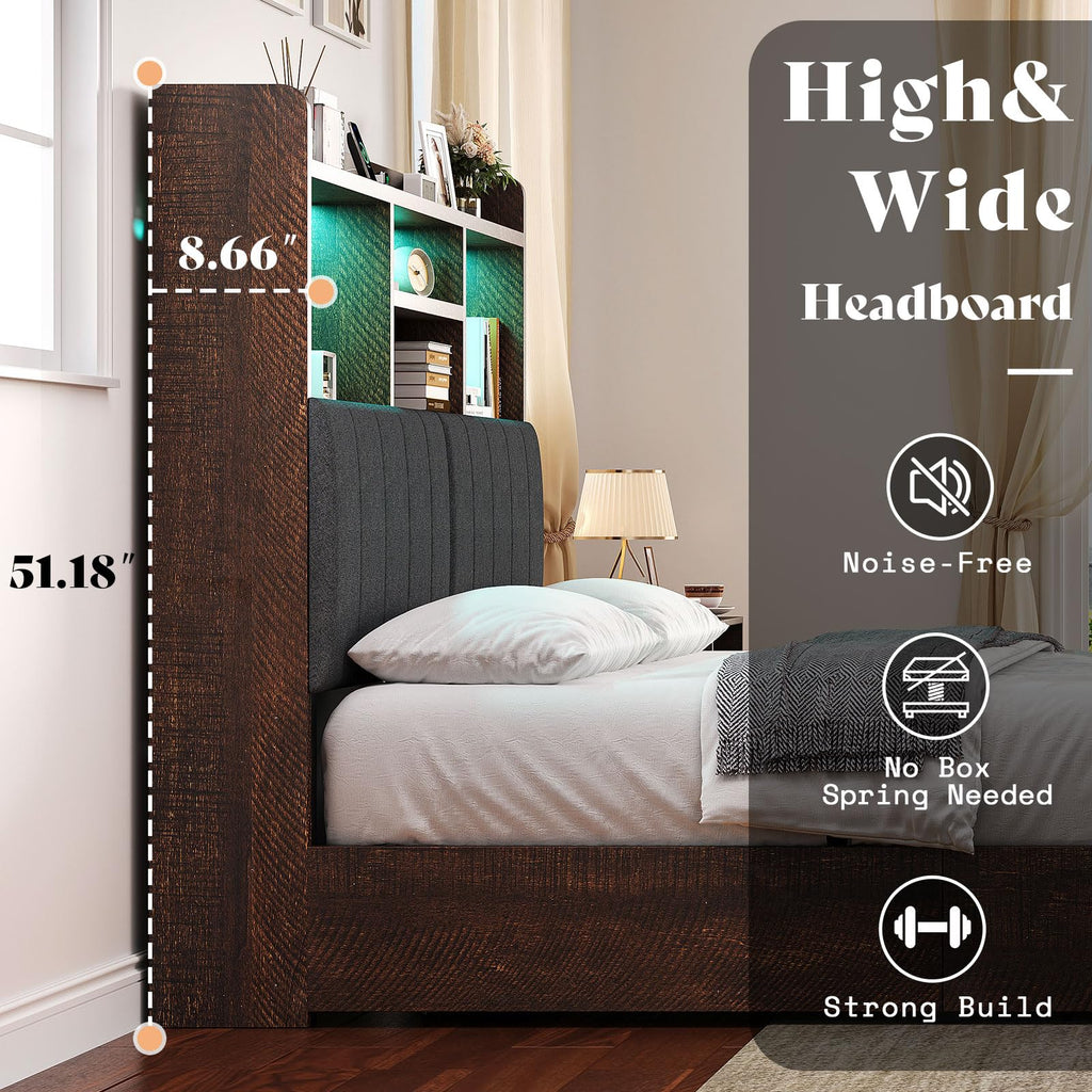 King Brown Storage Bed with Bookcase Headboard & Drawer B4945