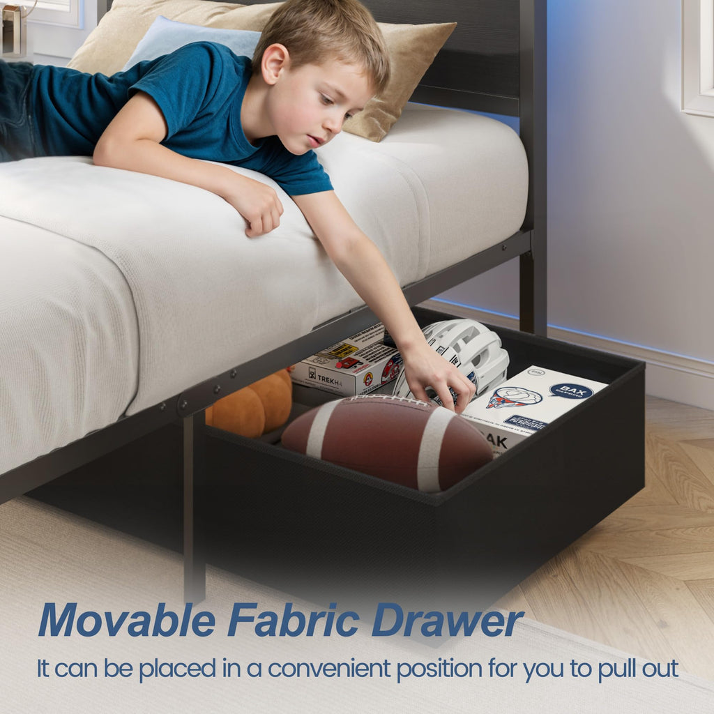 Twin Bed Frame with Storage Headboard & Drawer, Charging Station & LED Light, Black F269458