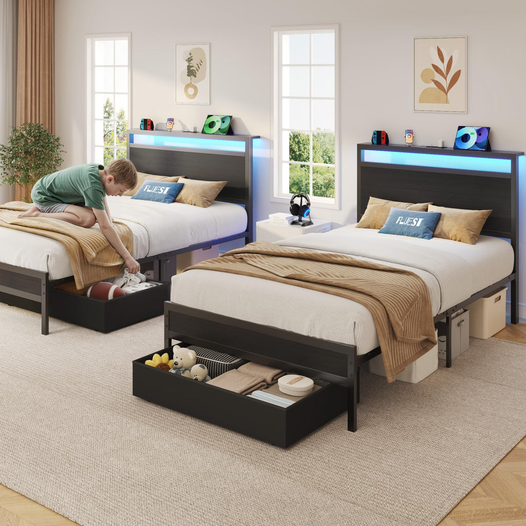 Twin Bed Frame with Storage Headboard & Drawer, Charging Station & LED Light, Black F269458