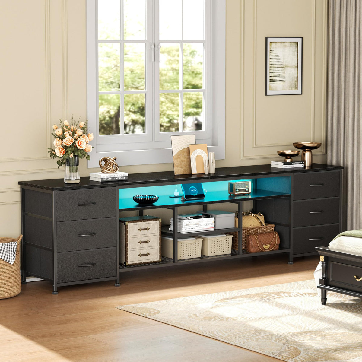 Black Dresser TV Stand with LED Lights & Charging Station O978