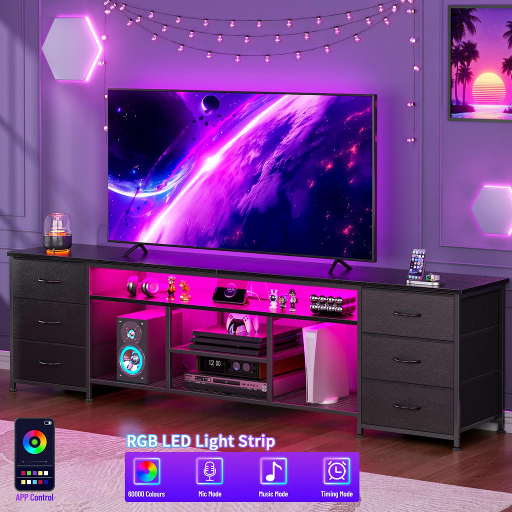 Black Dresser TV Stand with LED Lights & Charging Station O978