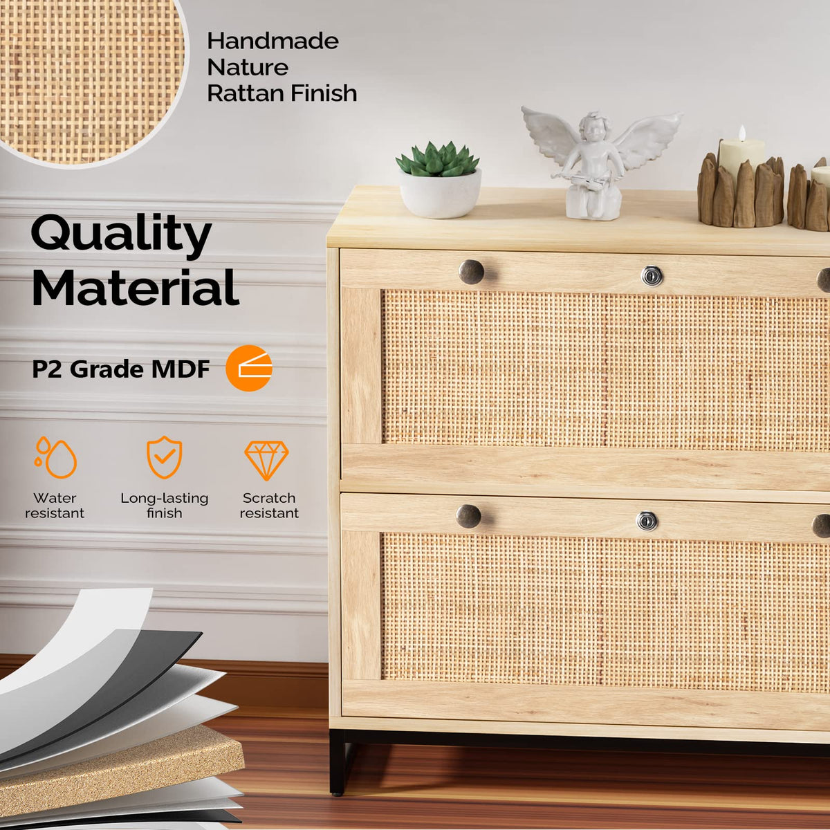 Oak Wood Rattan 2 Drawer Lateral File Cabinet with Lock C86536