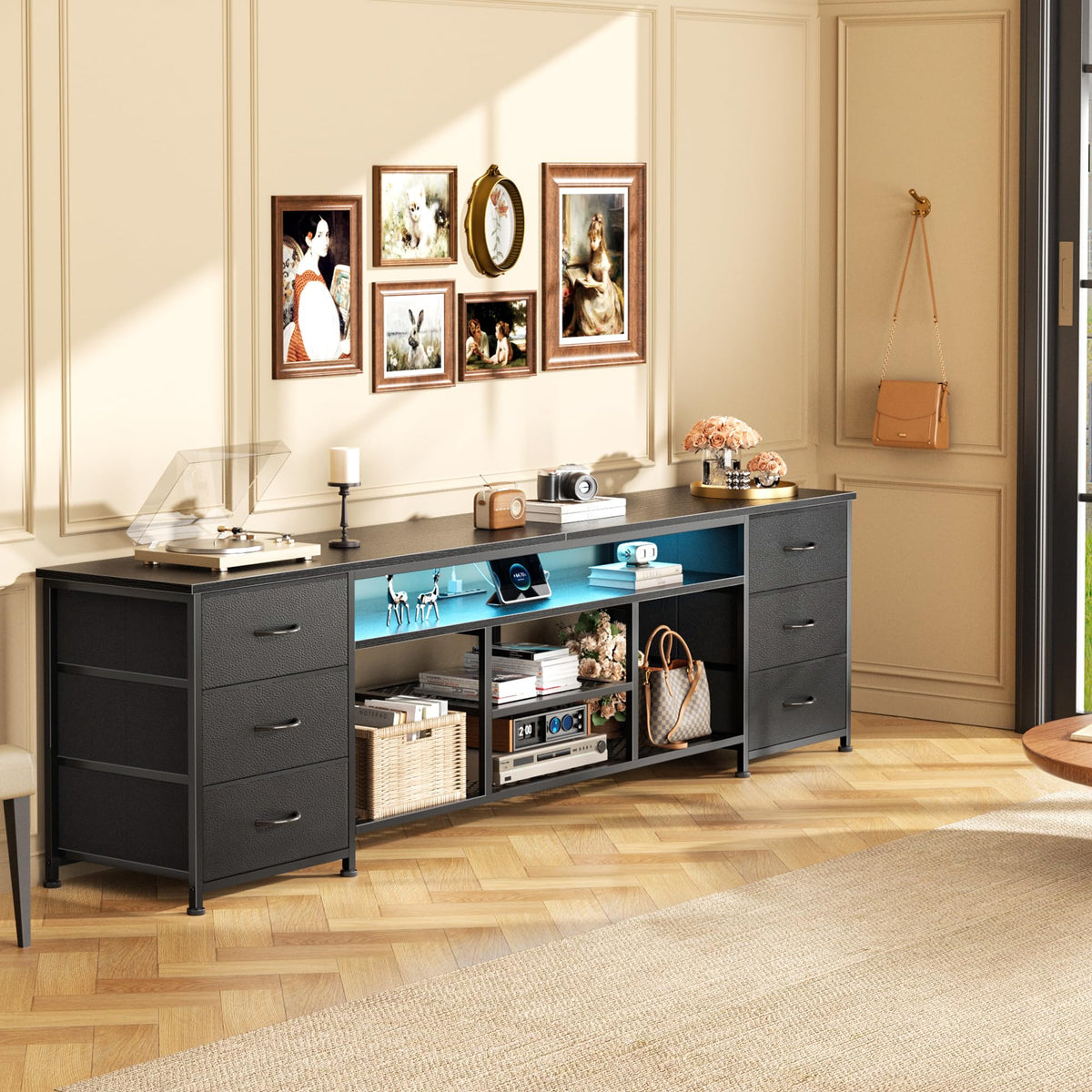 Black Dresser TV Stand with LED Lights & Charging Station O978