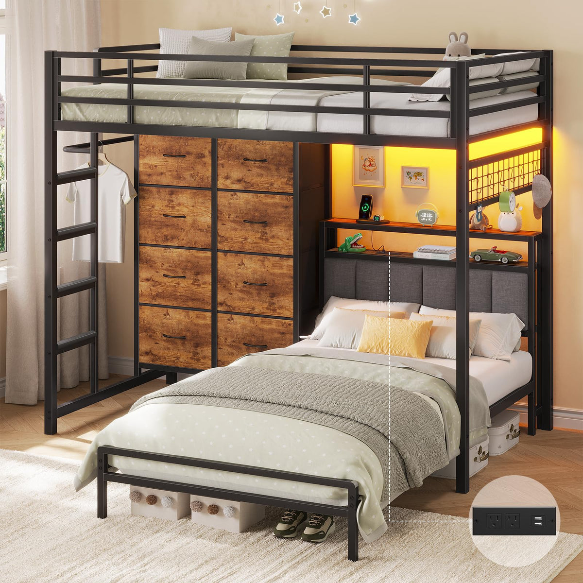 Twin Over Twin Bunk Bed with 8 Drawers and Storage Headboard Y77803