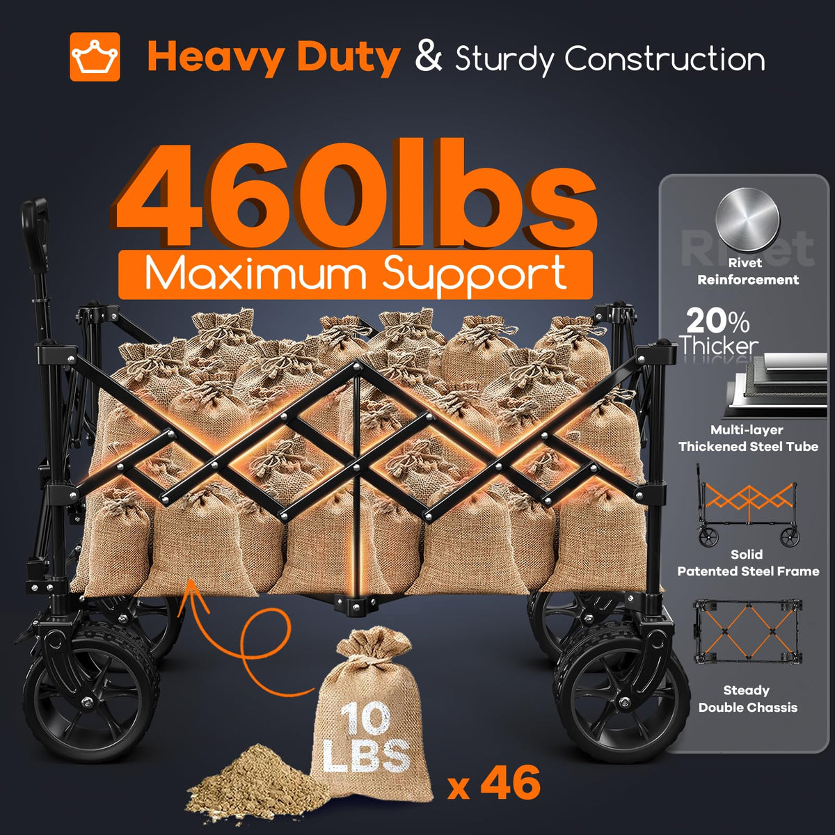 220L Collapsible Beach Wagon Cart with Big Wheels, Black Q900184