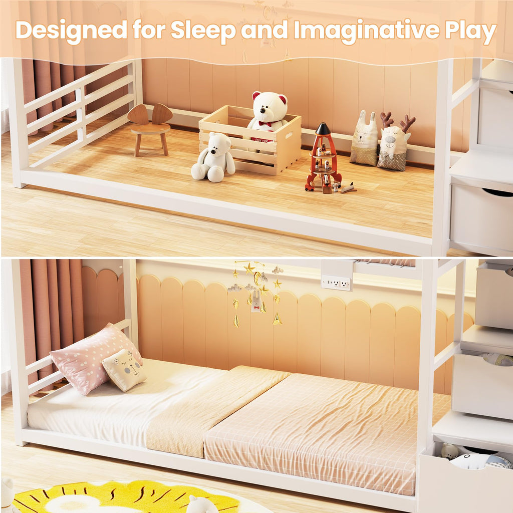 White Twin Over Twin Bunk Bed with Storage Stairs L21742