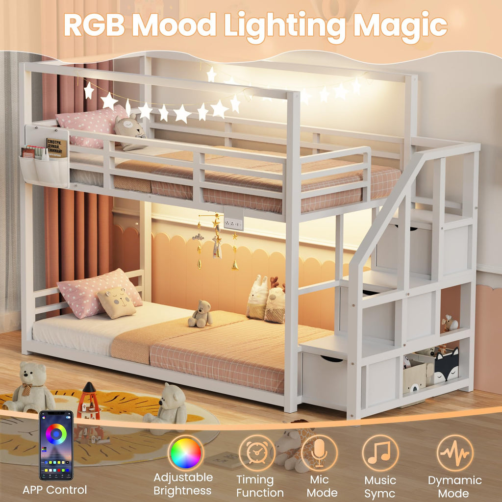 White Twin Over Twin Bunk Bed with Storage Stairs L21742