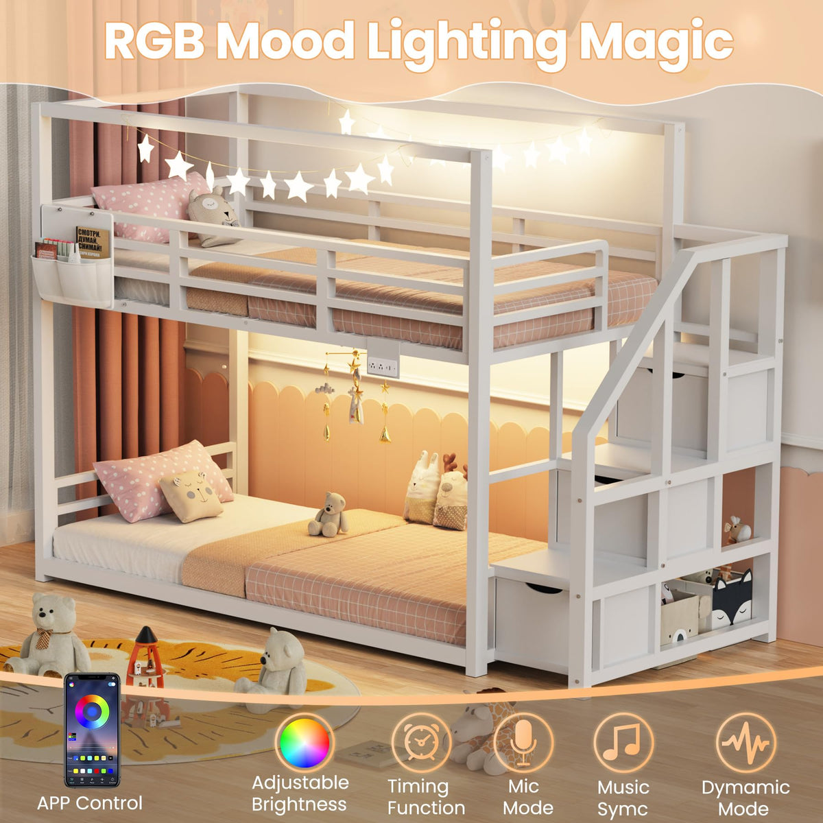 White Twin Over Twin Bunk Bed with Storage Stairs L21742