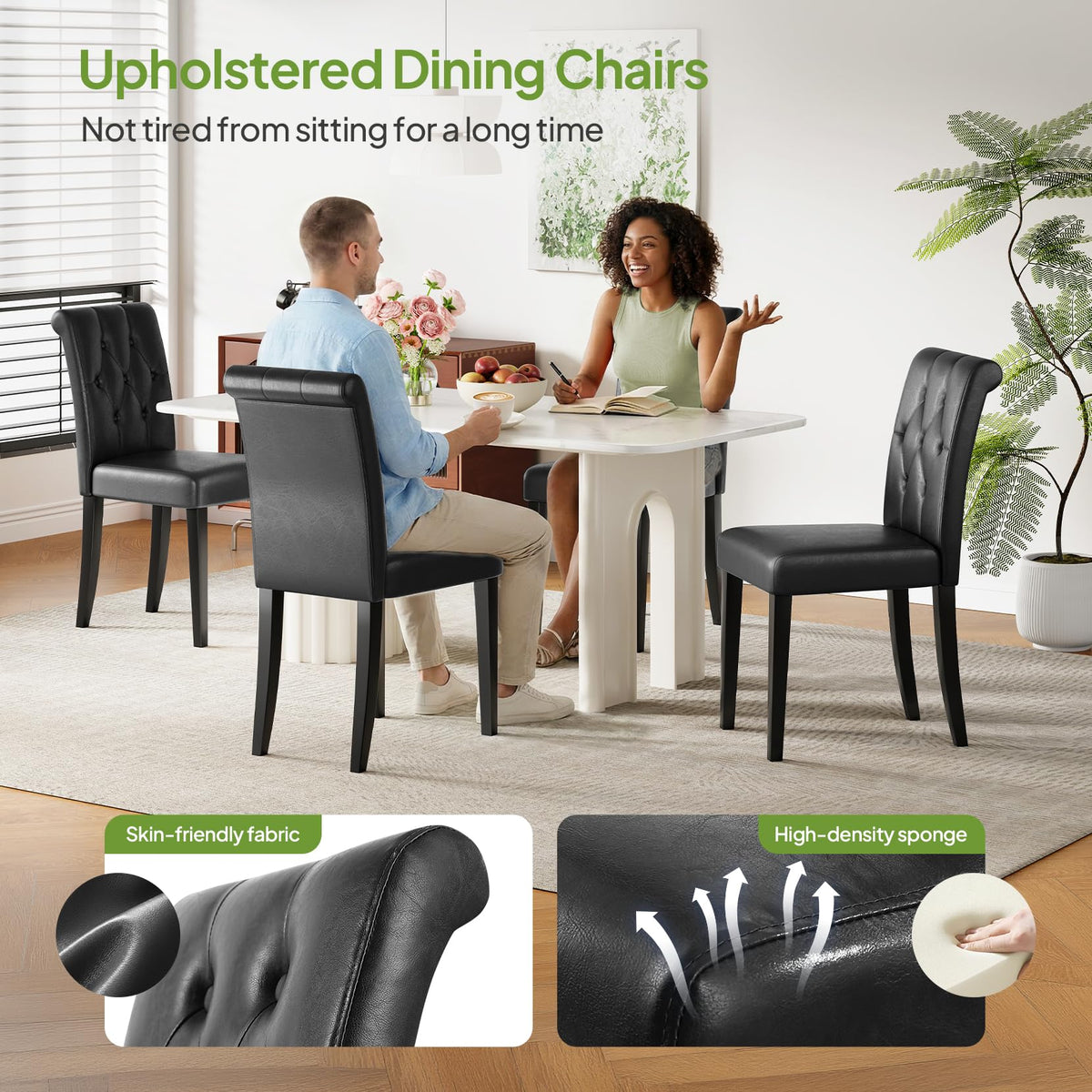 Upholstered Dining Chairs Set of 4 Tufted Wood Legs Jet Black A175