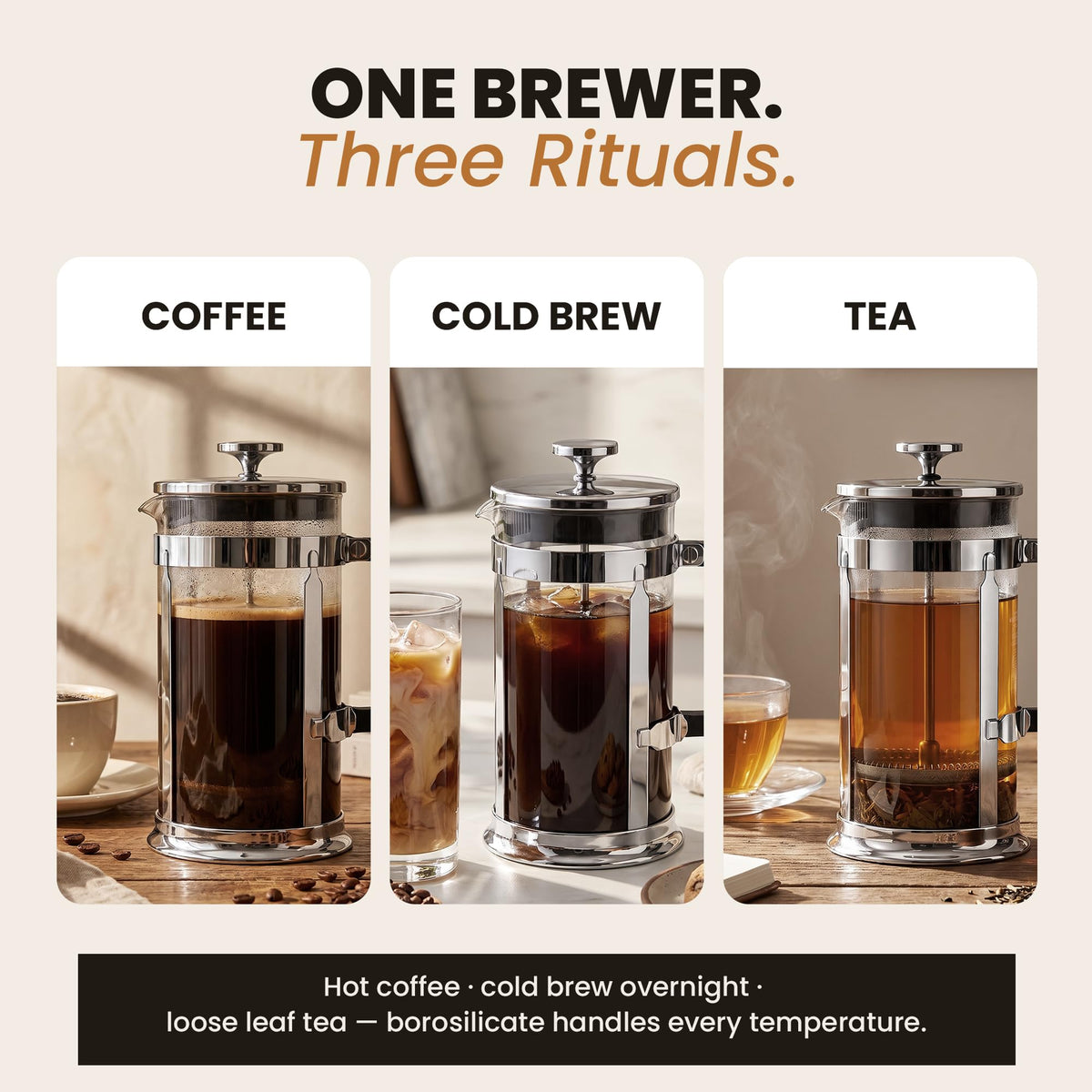 French Press Coffee Maker 34oz Chrome Borosilicate Glass K774