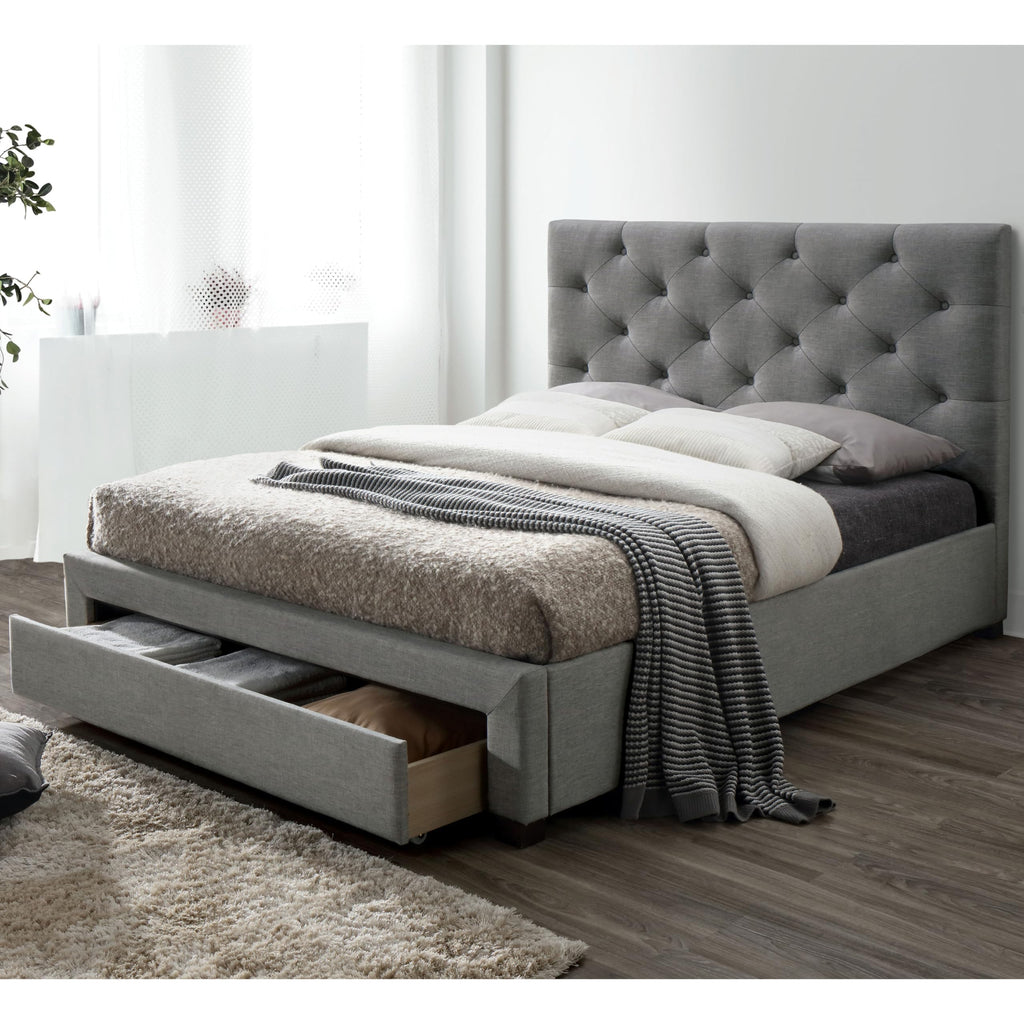 Gray Upholstered Twin Platform Bed with Storage Drawer W916