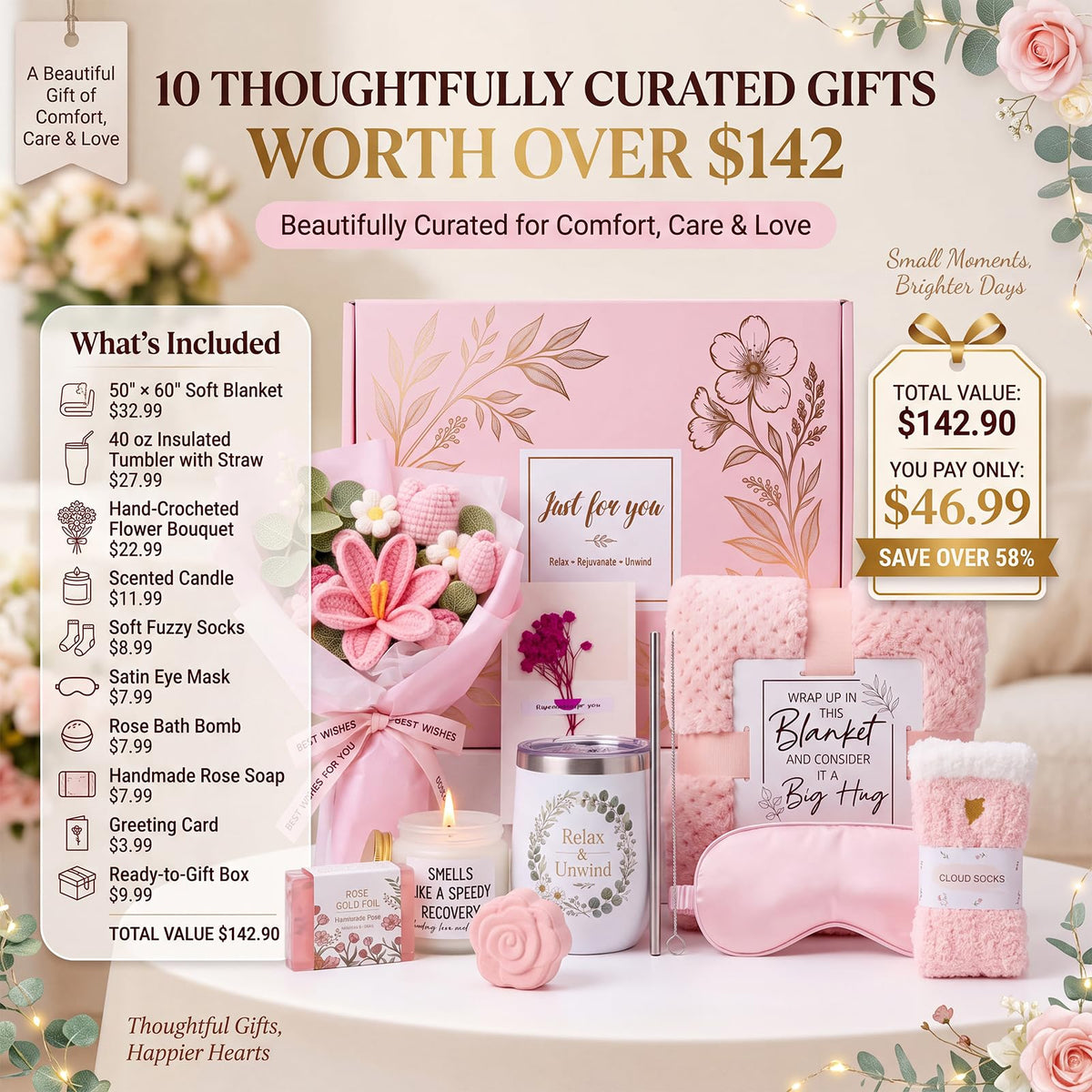 10 PCS Pink Gift Basket with Blanket, Tumbler & Crochet Flowers B8628
