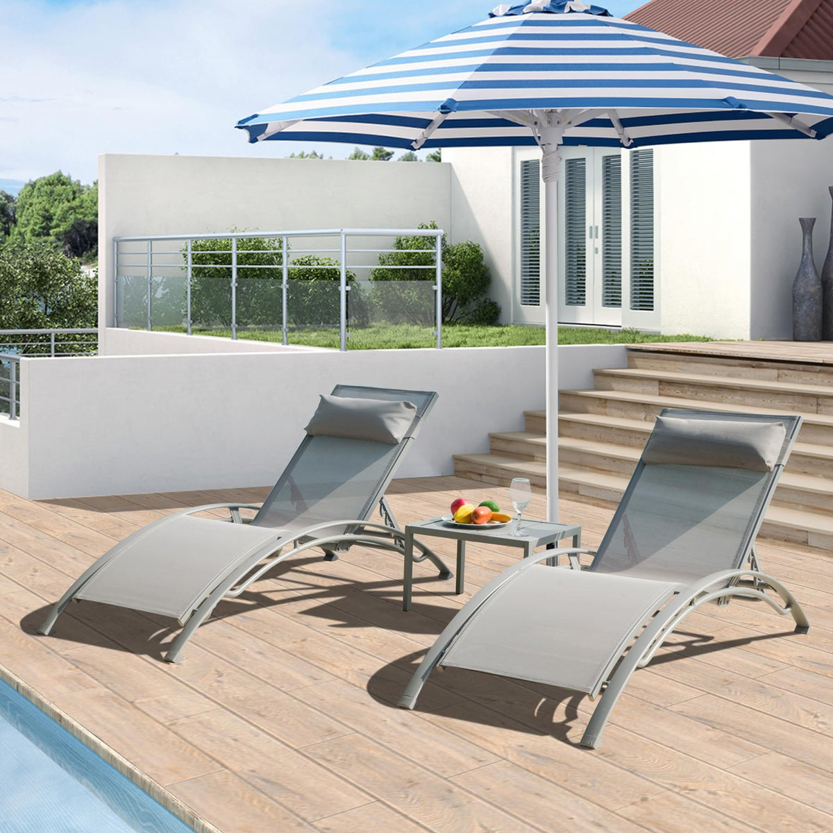 Adjustable Aluminum Pool Lounge Chairs Set of 3 with Side Table G356