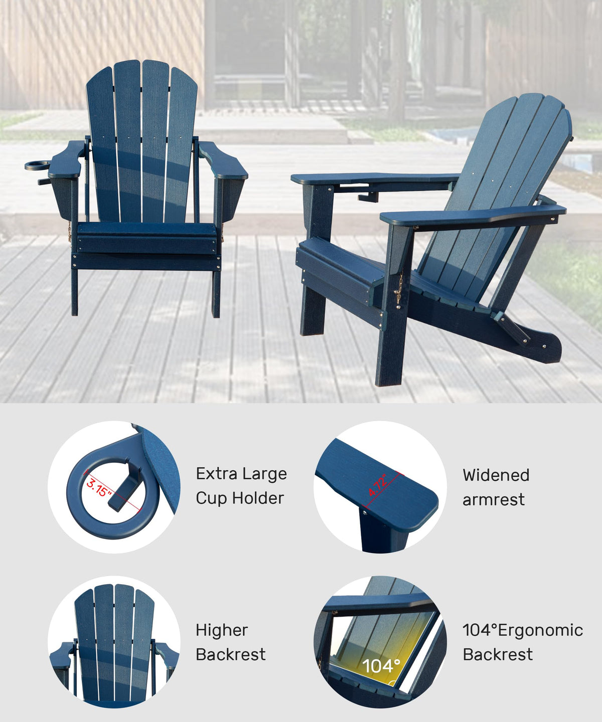 Folding Adirondack Chairs Set of 2 HDPE with Cup Holder Dark Blue S159