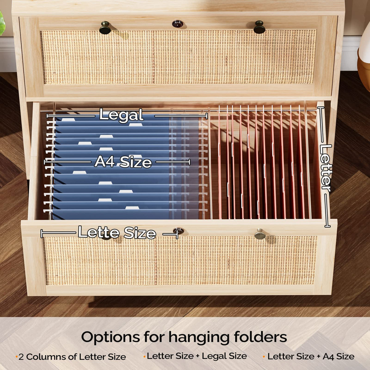 Oak Wood Rattan 2 Drawer Lateral File Cabinet with Lock C86536