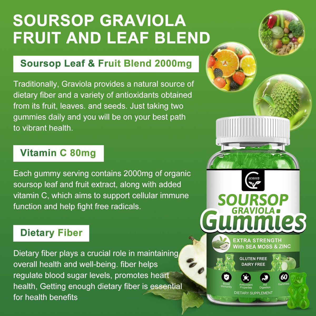 Organic Soursop Graviola Gummies 2200mg with Sea Moss Zinc Vitamin C 60 Gummies M323108