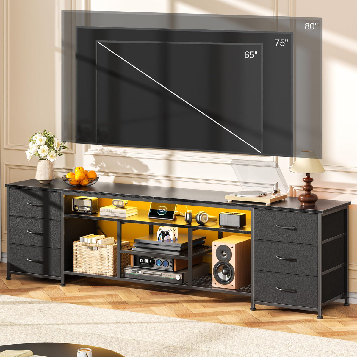 Black Dresser TV Stand with LED Lights & Charging Station O978
