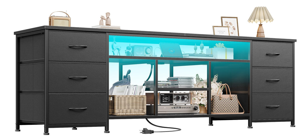 Black Dresser TV Stand with LED Lights & Charging Station O978