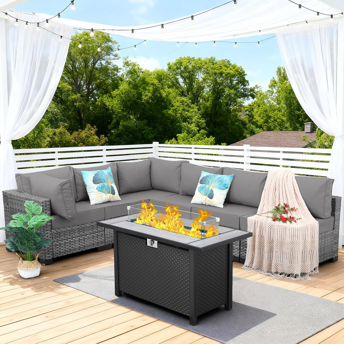 7 Pieces Wicker Patio Furniture Set with Fire Pit Table N692