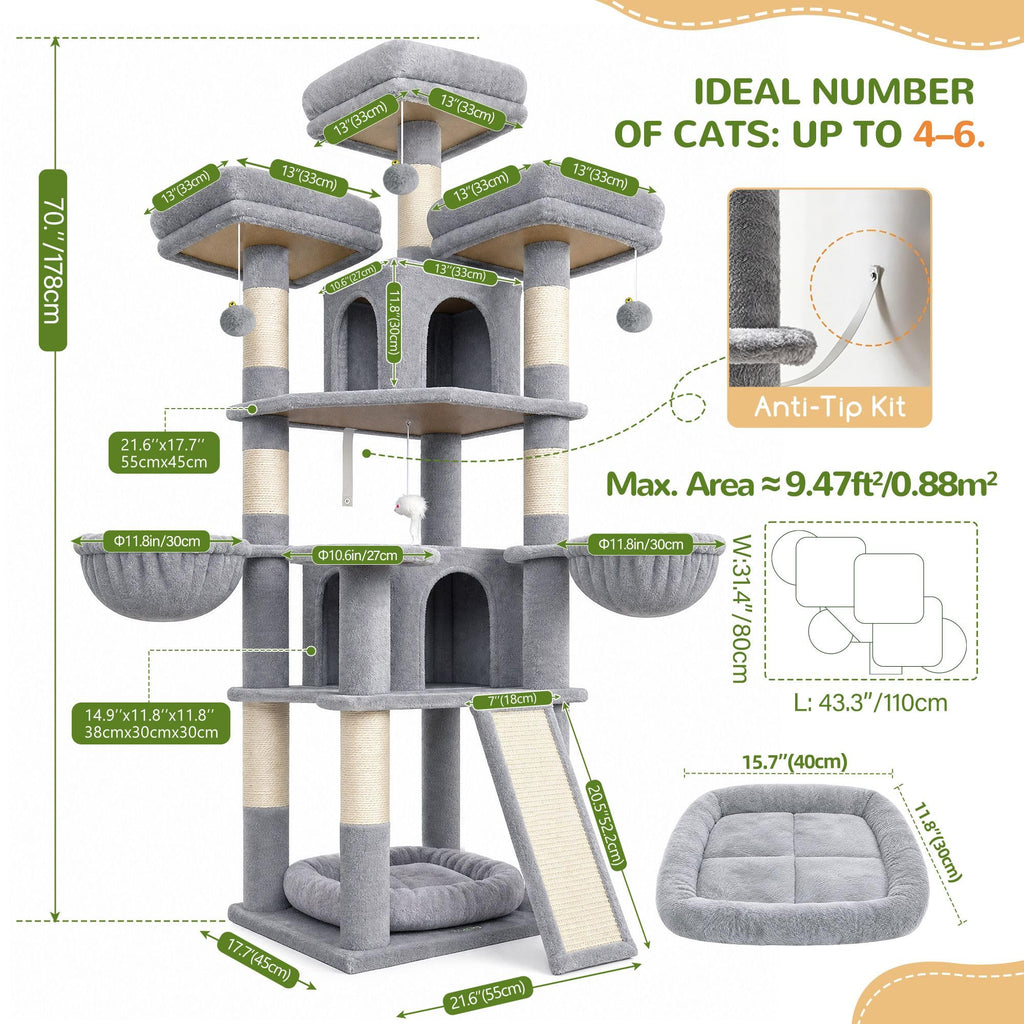 70 Inch Light Grey Cat Tree with Scratching Post N20756