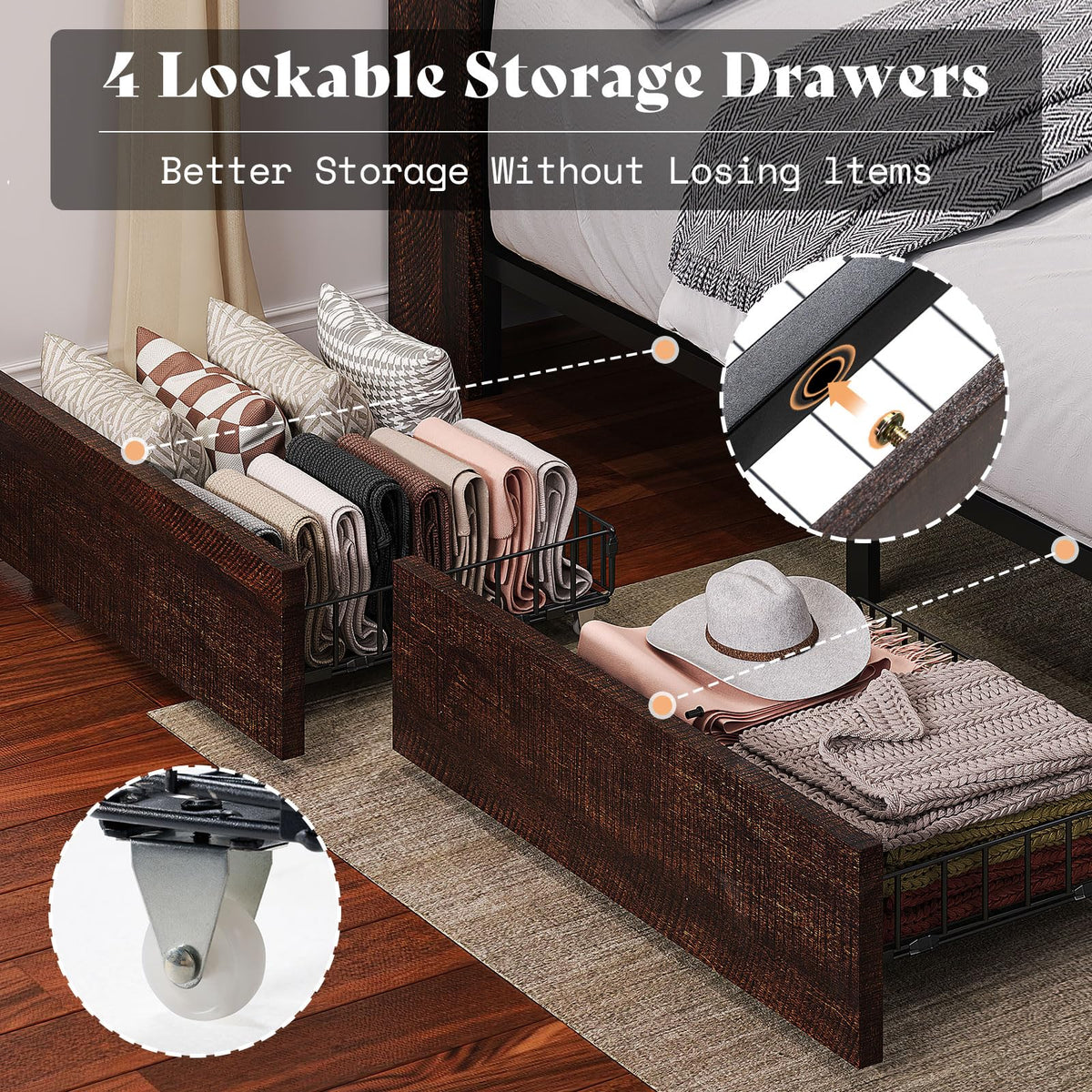 King Brown Storage Bed with Bookcase Headboard & Drawer B4945