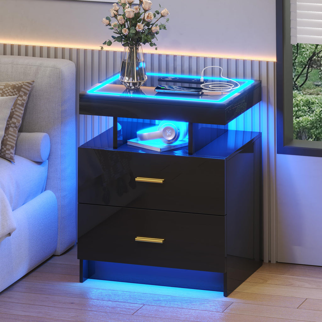 Black LED Nightstand with Wireless Charging Station A361125