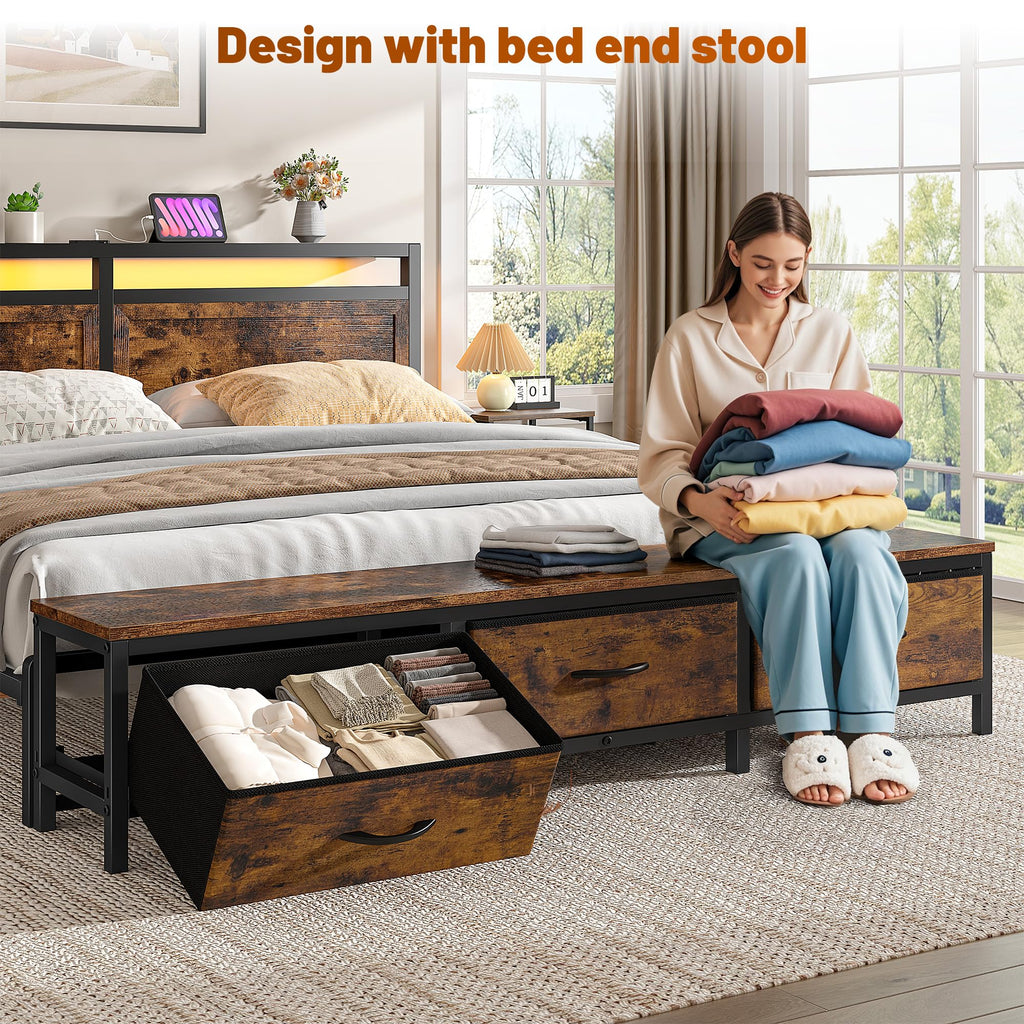Queen Bed Frame with Ottoman & Charging Station O108797