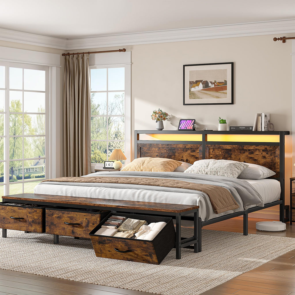 Queen Bed Frame with Ottoman & Charging Station O108797