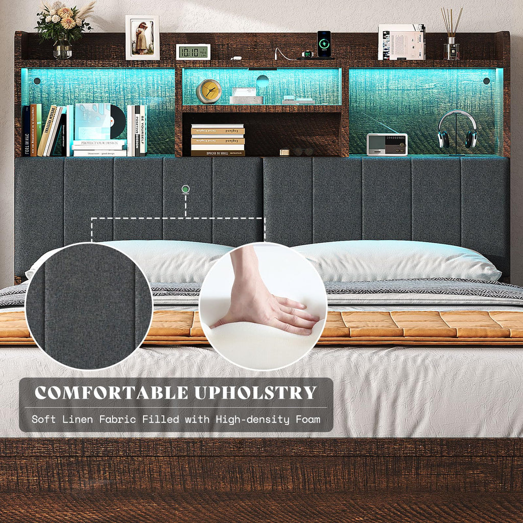 King Brown Storage Bed with Bookcase Headboard & Drawer B4945