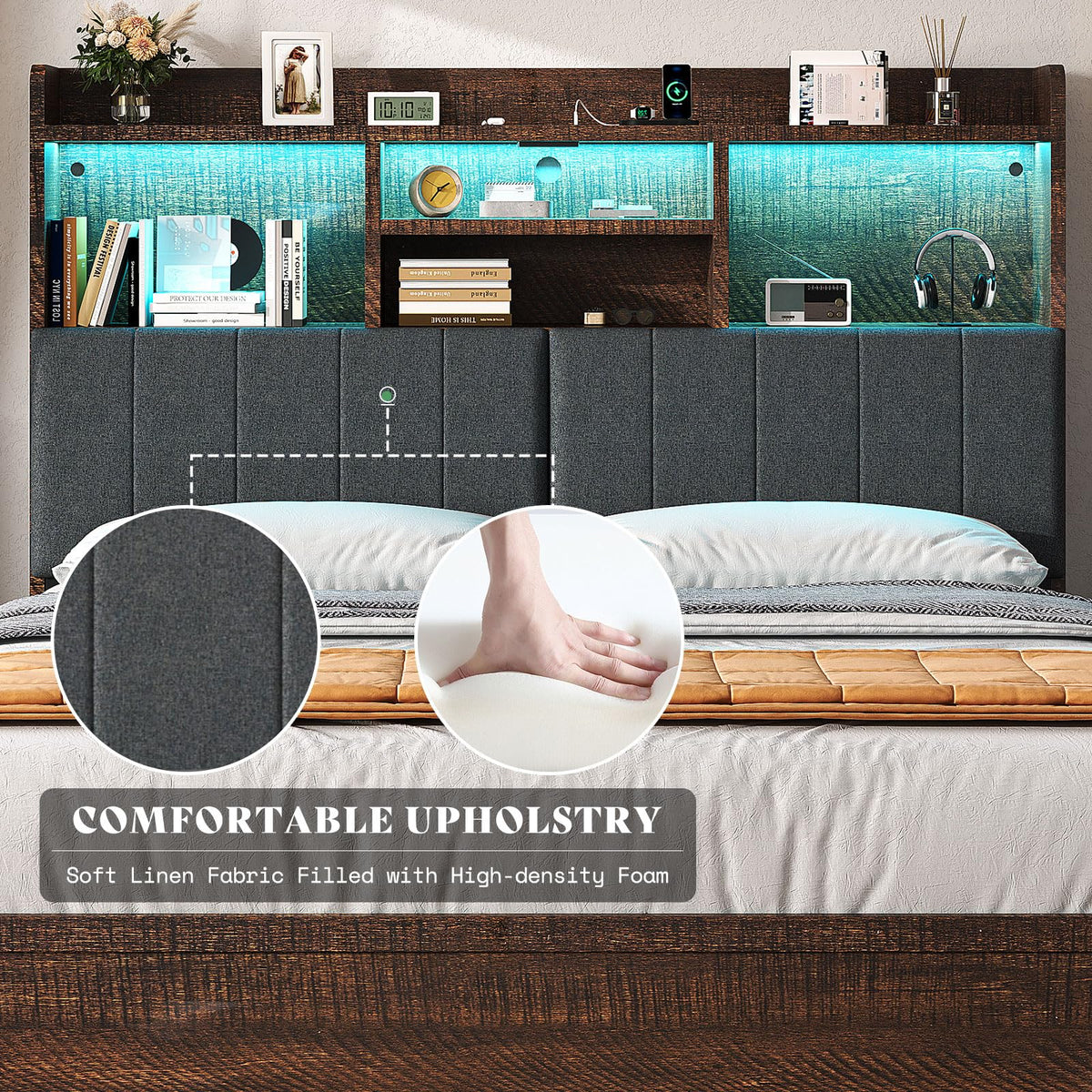 King Brown Storage Bed with Bookcase Headboard & Drawer B4945