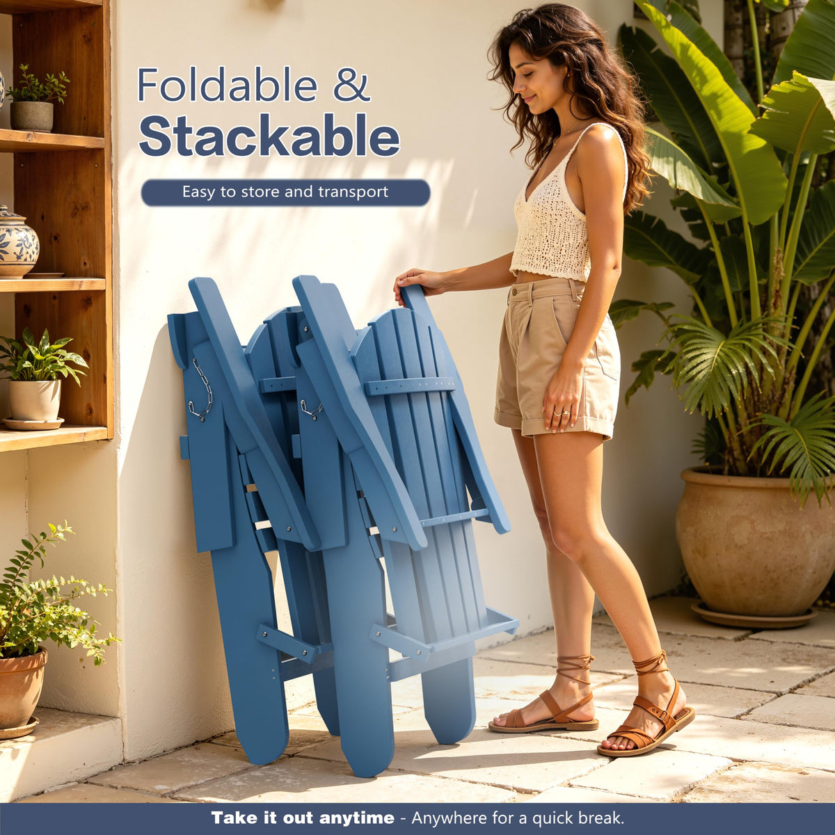 Folding Adirondack Chair Set of 2 with Cup Holder Navy Blue P12144