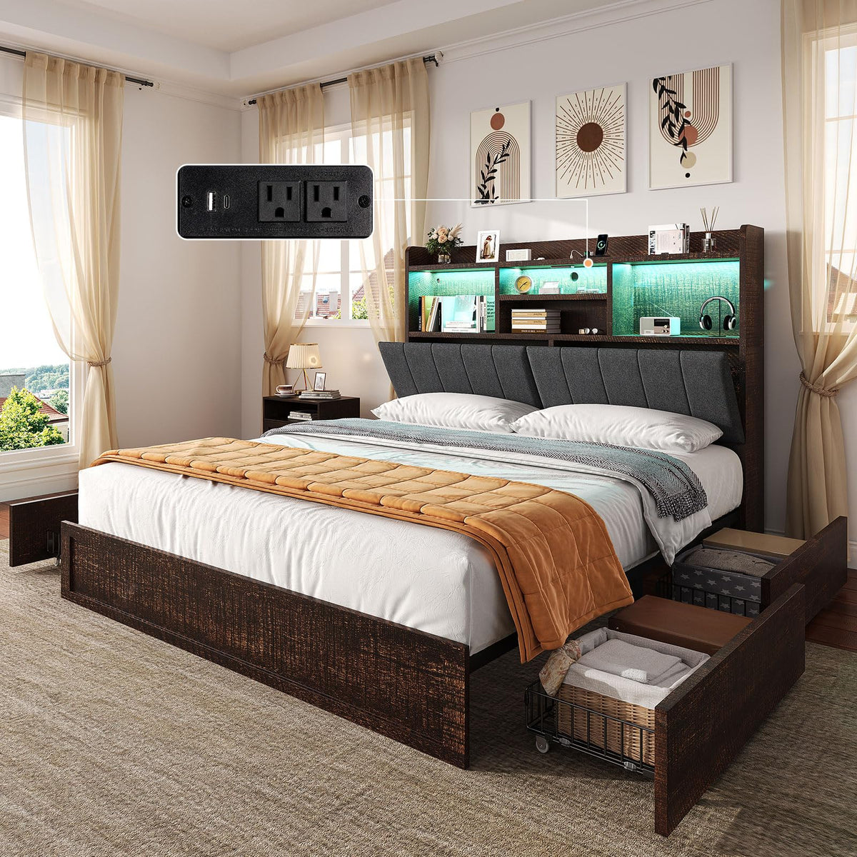 King Brown Storage Bed with Bookcase Headboard & Drawer B4945