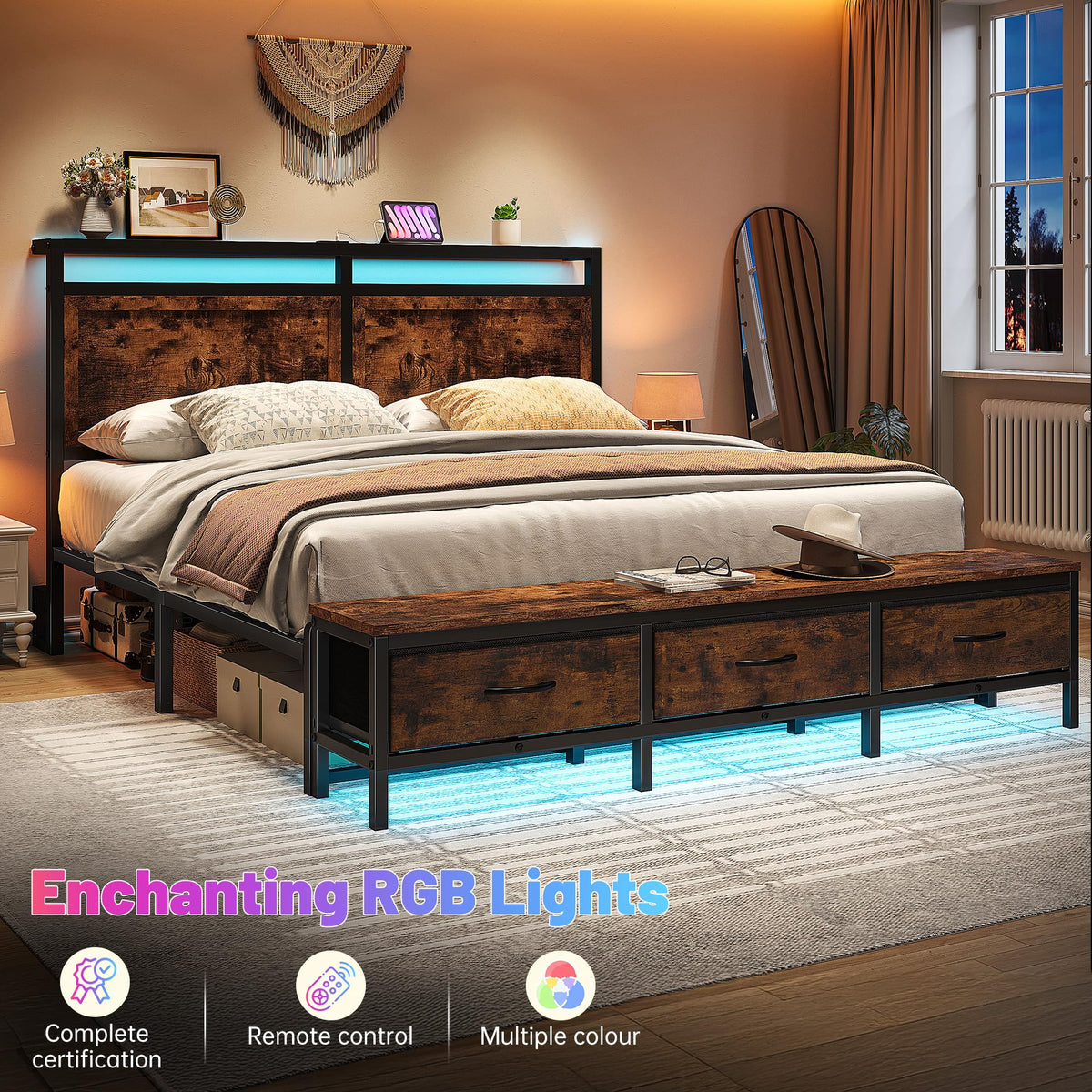 Queen Bed Frame with Ottoman & Charging Station O108797
