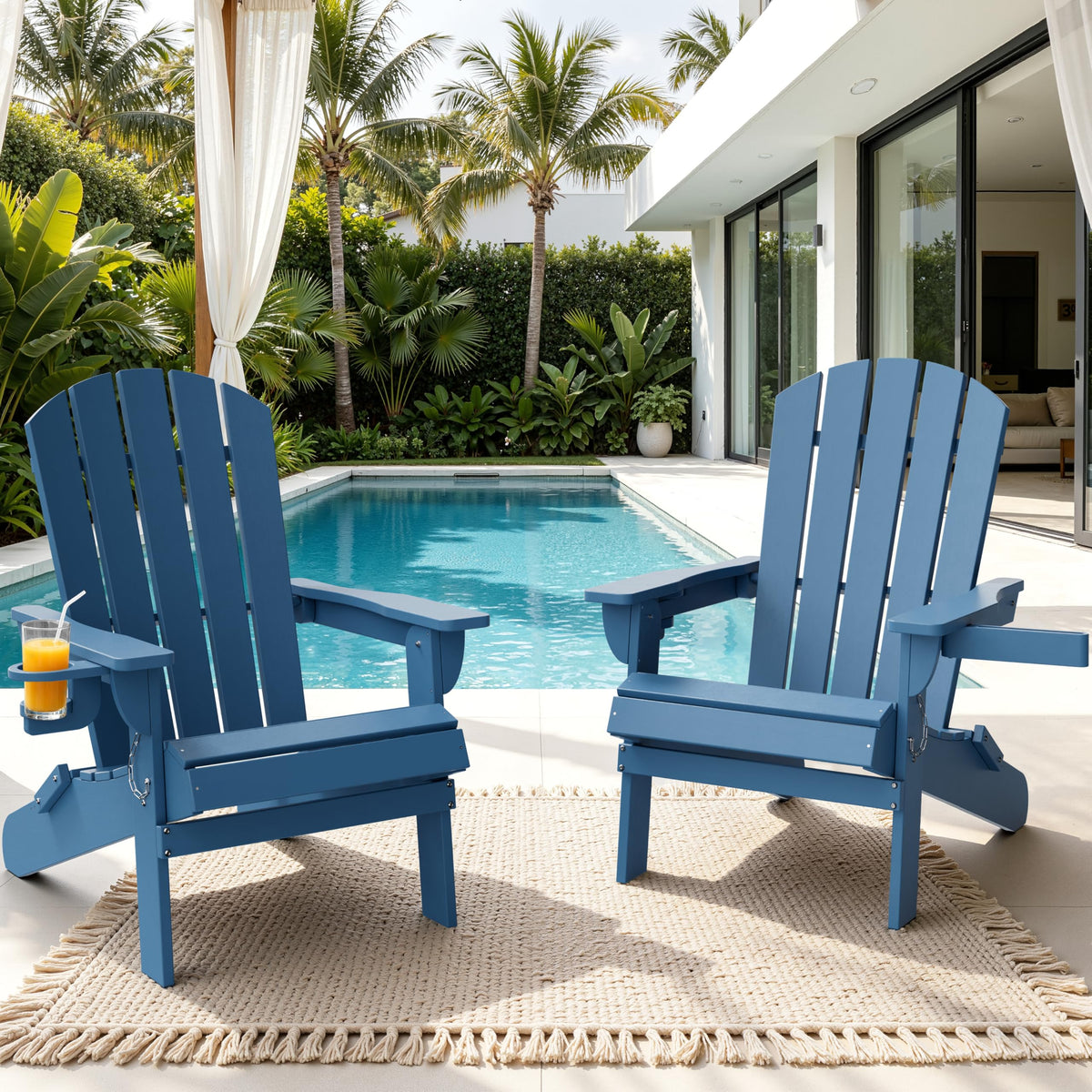 Folding Adirondack Chair Set of 2 with Cup Holder Navy Blue P12144
