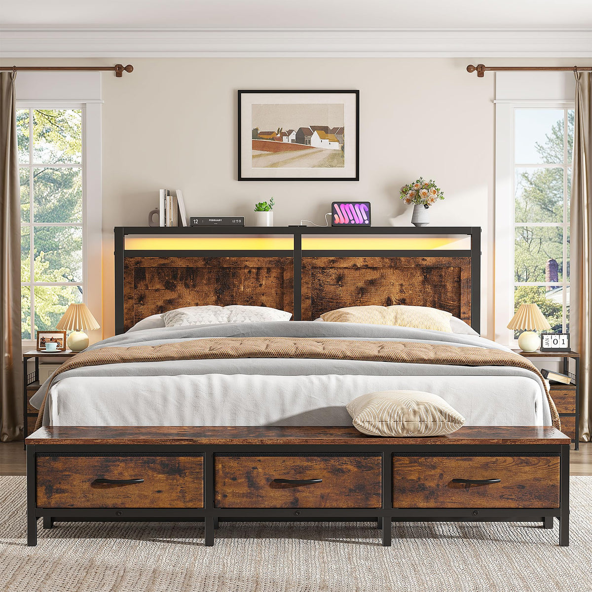 Queen Bed Frame with Ottoman & Charging Station O108797
