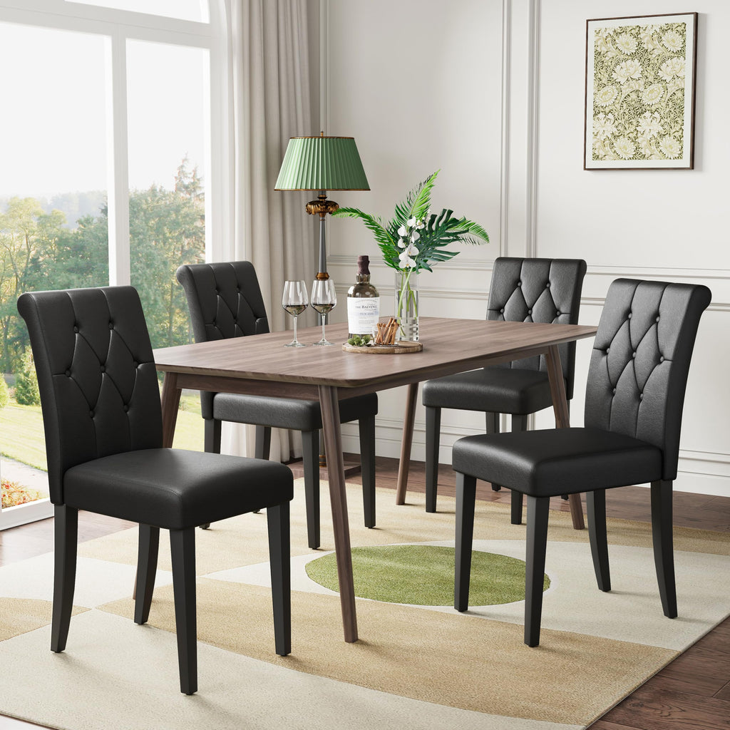 Upholstered Dining Chairs Set of 4 Tufted Wood Legs Jet Black A175