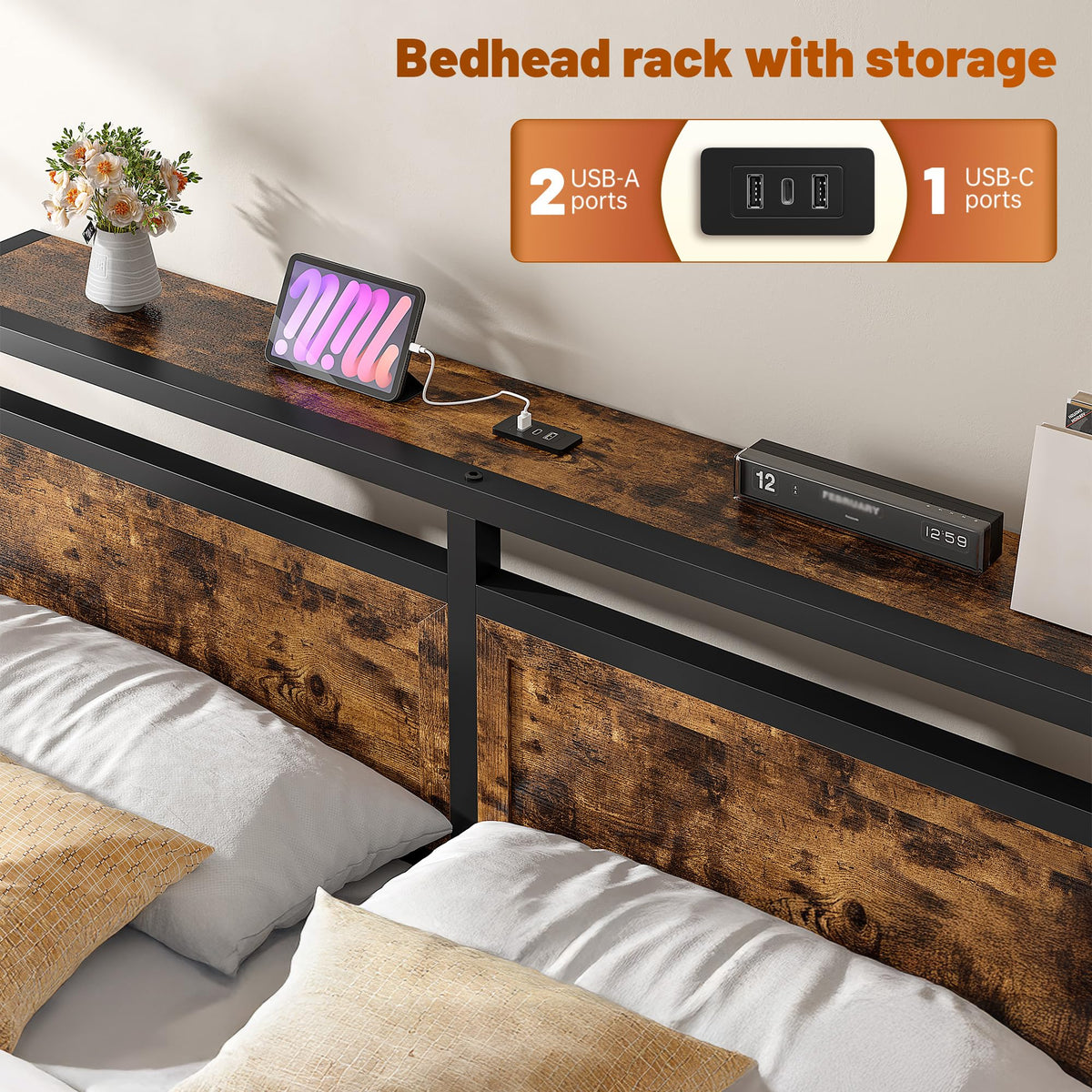 Queen Bed Frame with Ottoman & Charging Station O108797